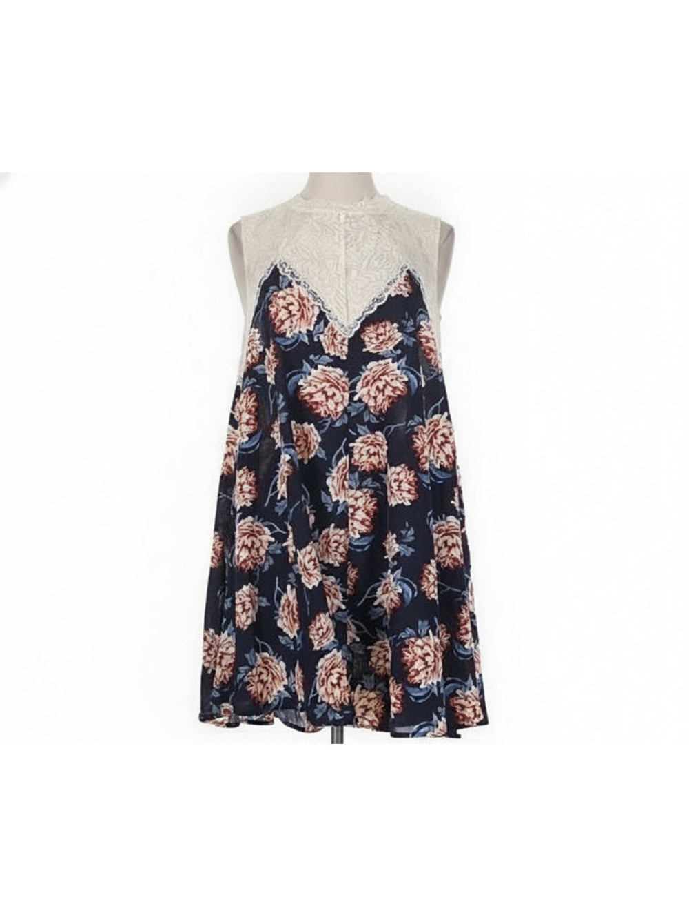 NWT Umgee Sleeveless Lace Yoke Floral Mini Dress Size S Navy Blue Tunic